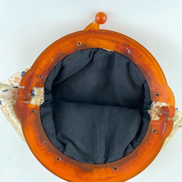 Japanese Kimono Dress Clutch Bag Vtg Green Flowers Tortoise Shell Handle - Picture 6 of 9